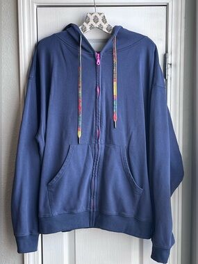Natural Life Hoodie Blue Floral Rainbow Applique Boho Full Zip Women’s L/XL